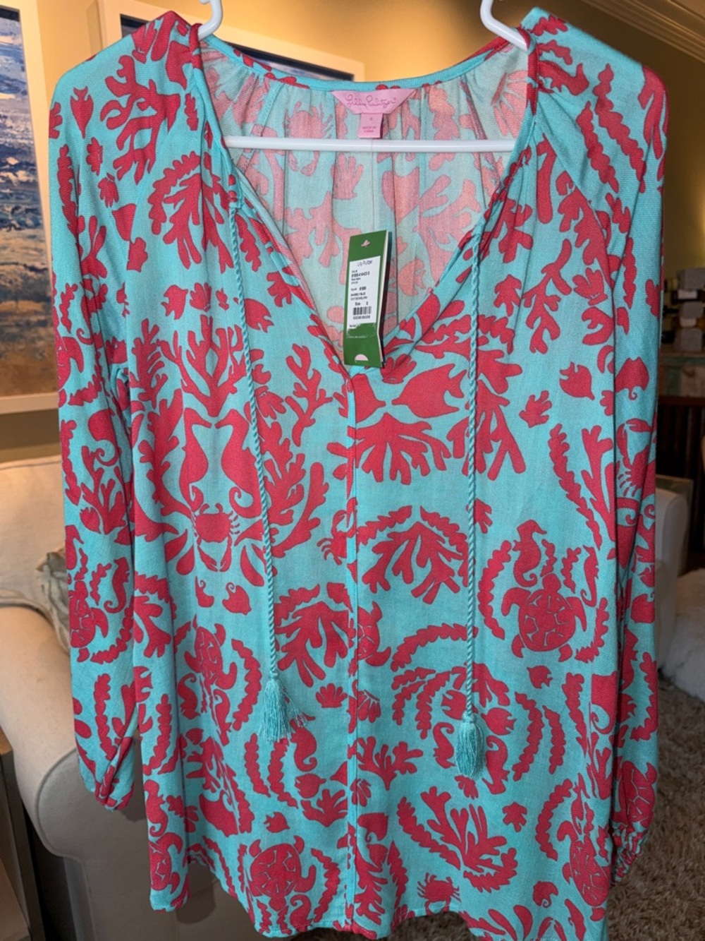 Lilly Pulitzer Turquoise & Coral Print V-Neck Blouse